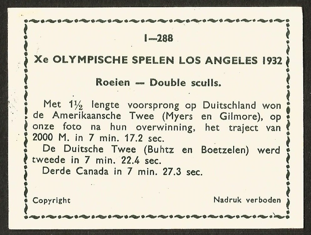 CC NED 1932 OG Los Angeles M2X gold medal winner crew K. Myers W.G. Gilmore USA reverse