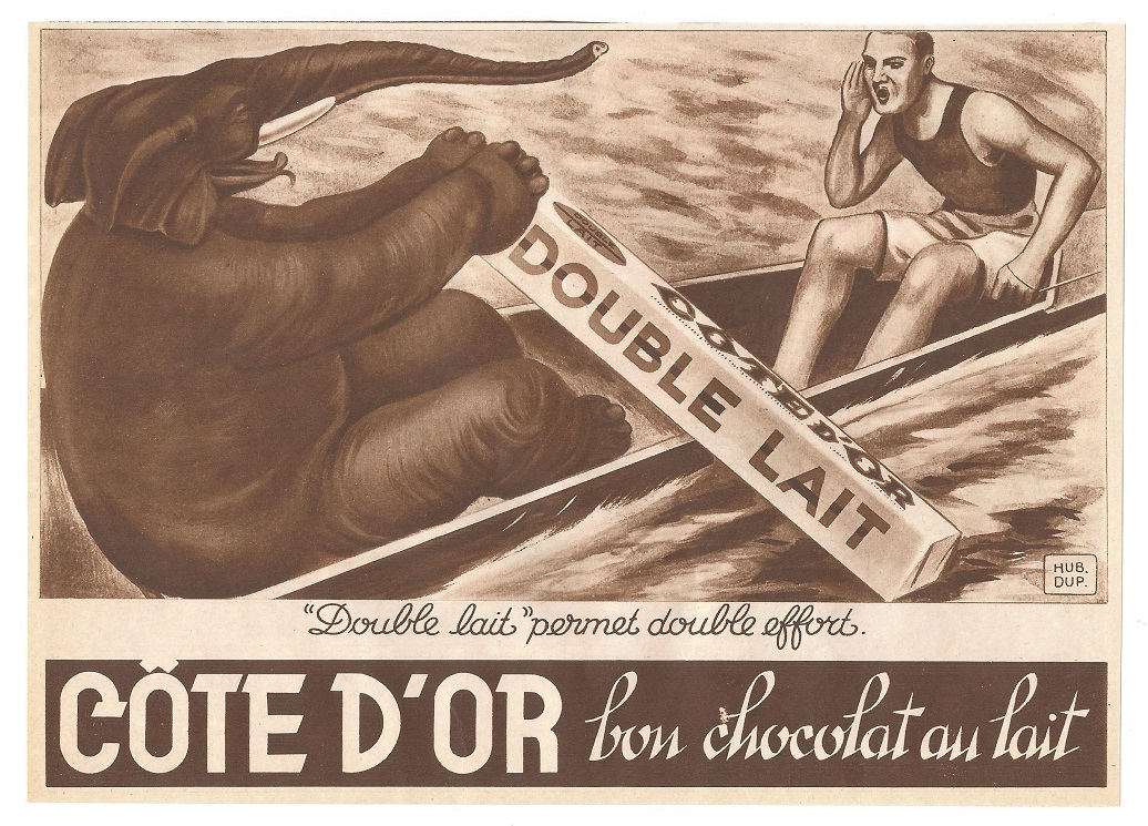 Ad FRA 1939 Pour le sport Cote dOr Chocolate Elephant with chocolate bar as oar
