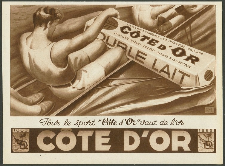 ad fra 1939 pour le sport cote d or chocolate sweep rower with chocolate bar as oar 