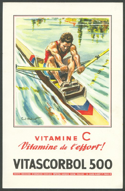 ad fra 1953 societe parisienne d expansion chimique vitascorbol 500 coloured drawing of single sculler 