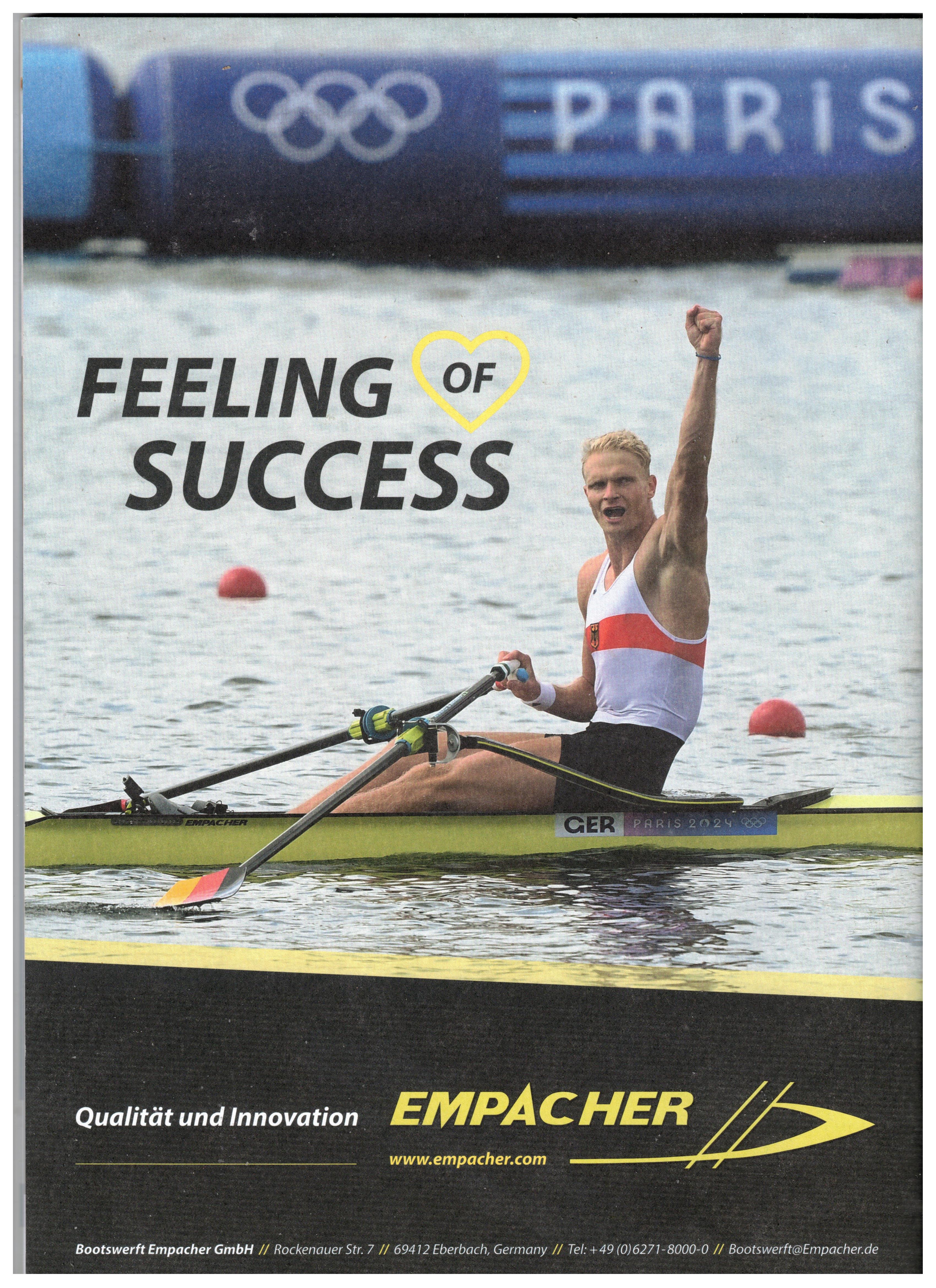 Ad GER 2024 Boatbuilder EMPACHER with picture of M1X gold medal winner Oliver Zeidler 
