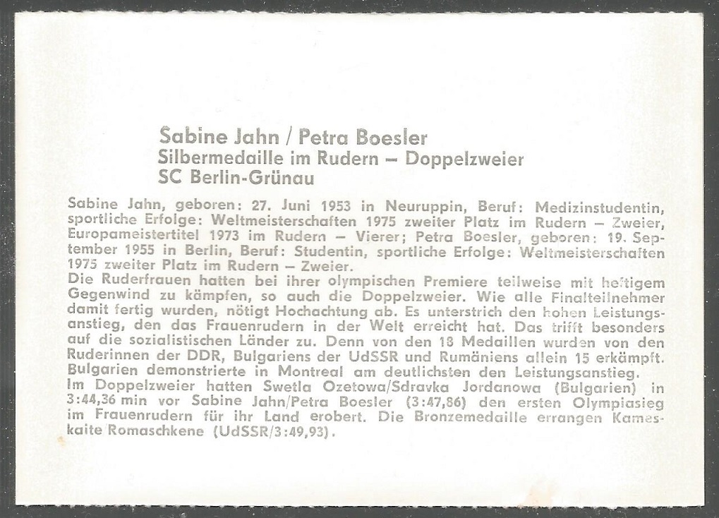Crew card GDR 1976 OG Montreal W2X silver medal for Sabine Jahn Petra Boesler GDR reverse