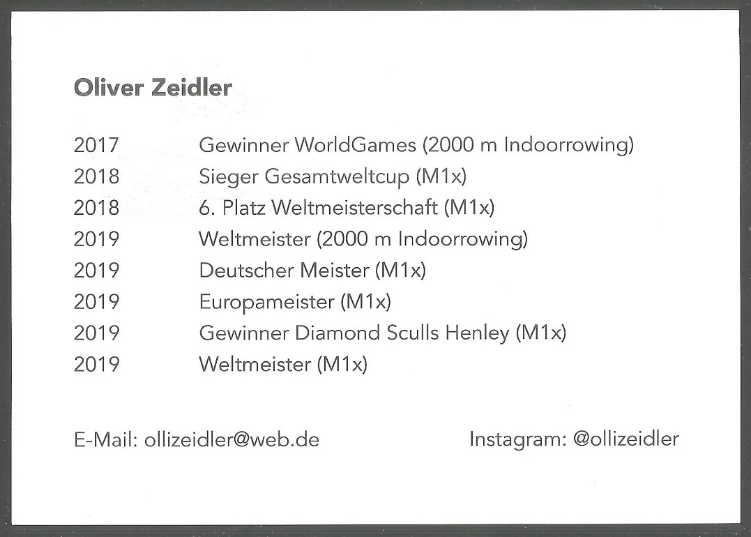Crew card GER 2019 Oliver Zeidler GER M1X gold medal winner ERC Lucerne 2019 and WRC Linz Ottensheim 2019 winner of the Diamond Sculls at Henley Regatta 2019 reverse