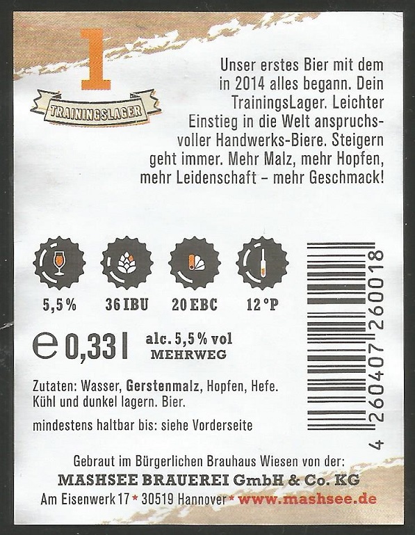 Beer label GER 2014 MASHSEE brewery Hannover Traingslager reverse