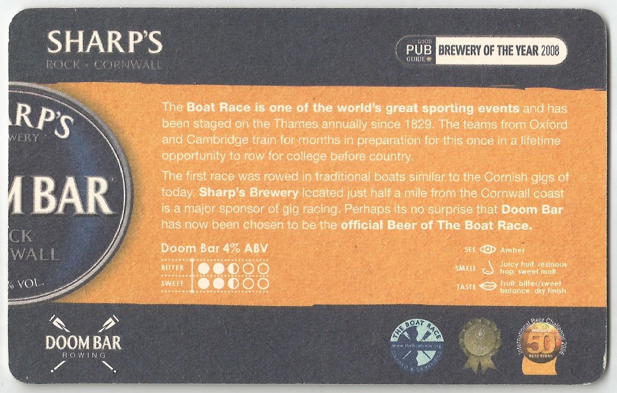 Beer mat GBR 2008 SHARPS Brewery DOOM BAR Official Beer of the Boat Race reverse