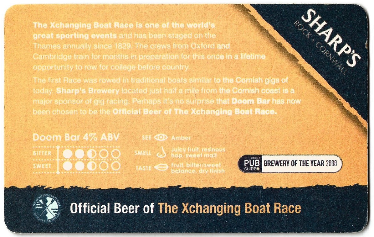 Beer mat GBR SHARPS DOOM BAR Official Beer of the Xchanging Boat Race reverse