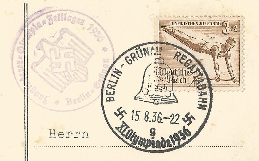 Cachet GER 1936 Berlin Gruenau Jungruderer Olympia Zeltlager Olympic tent camp for young rowing athletes 