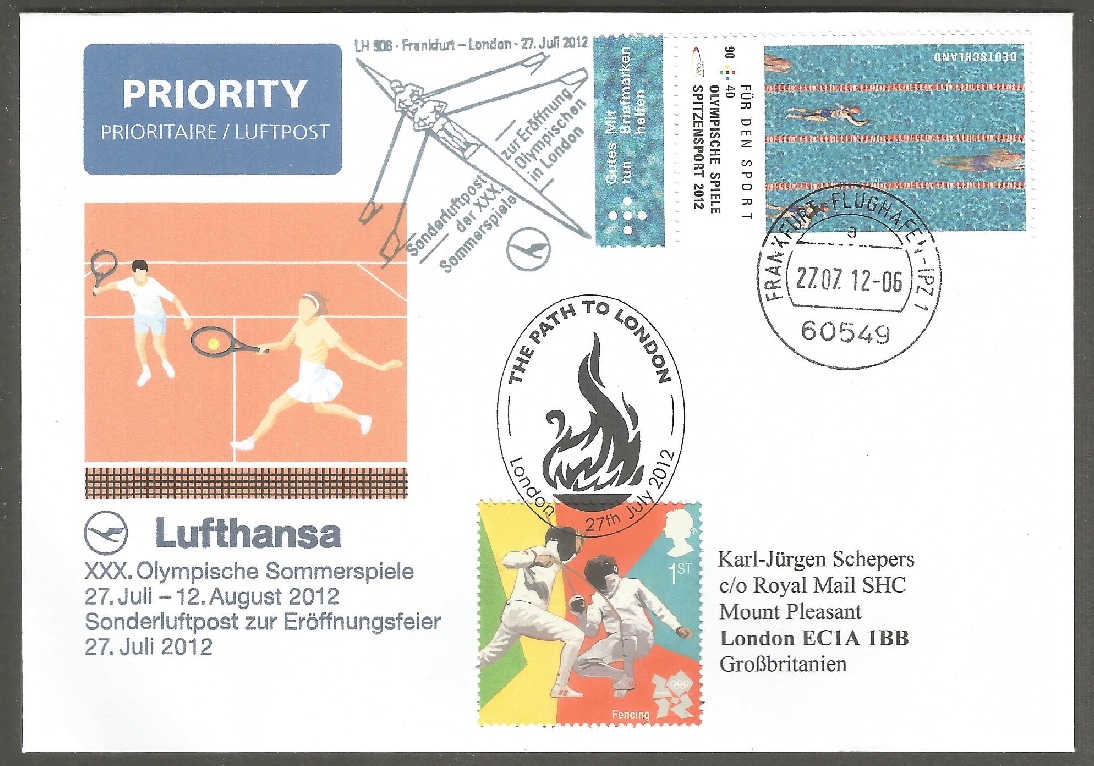 cachet ger 2012 special mail for opening cemony og london july 27th complete cover