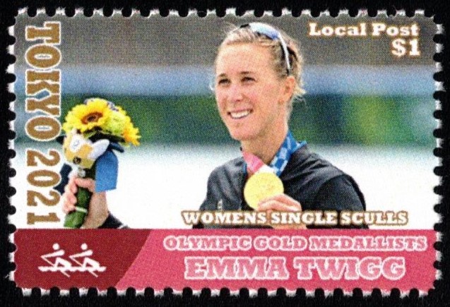 Cinderella Local Post 1 OG Tokyo 2021 W1X gold medal winner Emma Twigg NZL with Olympic pictogram No. 15
