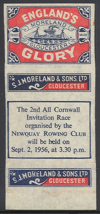 Matchbook cover GBR 1956 Moreland Sons Ltd. Englands Glory with regatta announcement Newquay RC Coll. E