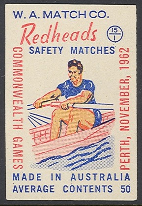 label aus 1962 redheads commonwealth games perth drawing of sweep oar rower coll. e 
