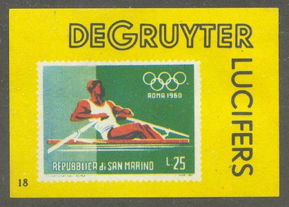label ned de gruyter lucifers no. 18 with image of stamp smr 1960 mi 652 single sculler 