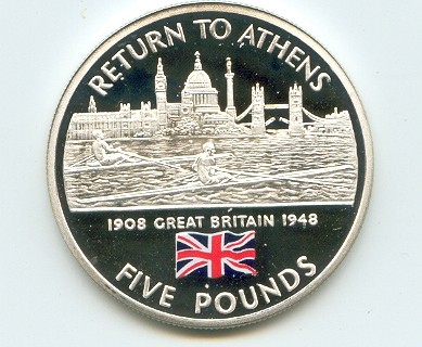 coin gib 2004 return to athens five pounds silver pp two single scullers on the thames with london s skyline in background 