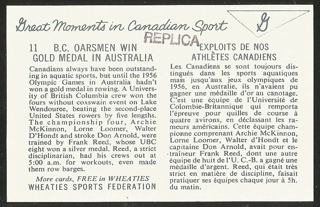 CC CAN Wheaties Sports Federation REPRINT Great moments in Canadian sport No. 11 B.C. oarsmen win gold medal in Australia CAN 4 at OG Melbourne 1956 reverse