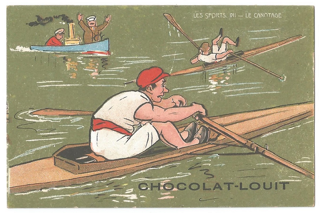 CC FRA CHOCOLAT LOUIT Les Sports VII Le Canotage comic drawing of a single scullers race