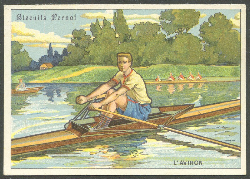 cc fra  l aviron  biscuits pernot  coloured drawing of single sculler 