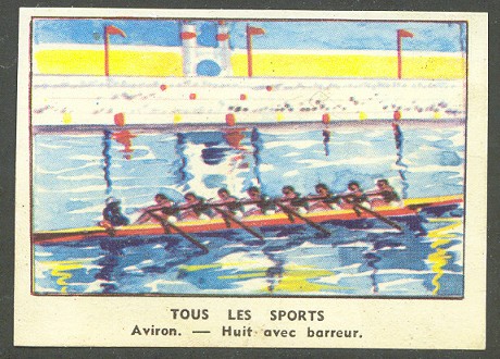 cc fra chocolat de l union  tous les sports   aviron   huit avec barreur  coloured drawing of 8  crew with stroke rowing on bow side 