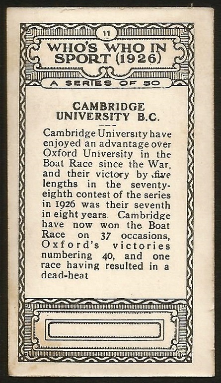 CC GBR 1926 Lambert Butler Whos Who in Sport No. 11 Cambridge University B.C. reverse