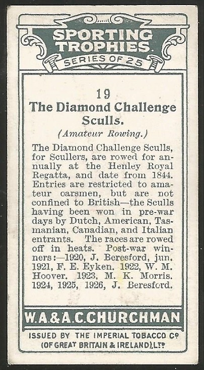 CC GBR 1927 Churchmans Cigarettes Sporting Trophies No. 19 The Diamond Challenge Sculls reverse