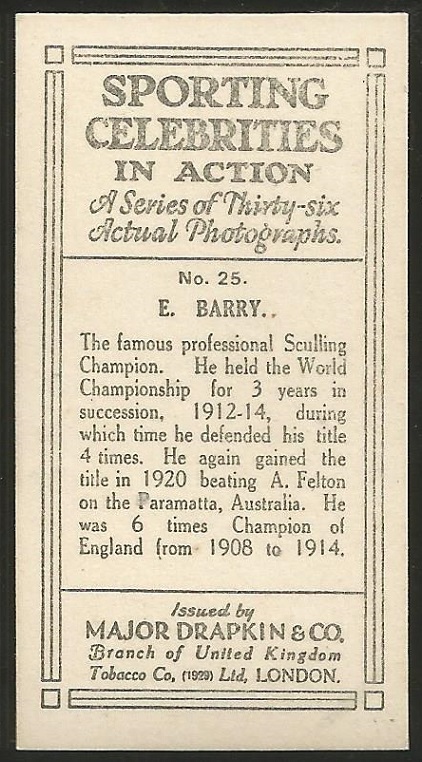 CC GBR 1930 Major Drapkin Tobacco Sporting Celebrities in Action No. 25 E. Barry reverse
