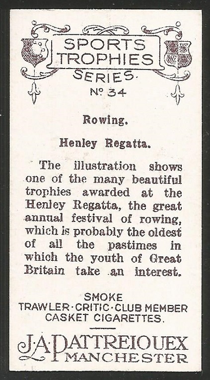 CC GBR 1931 Quality Cigarettes J.A. Pattreiouex Sport Trophies No. 34 Rowing Henley Regatta reverse