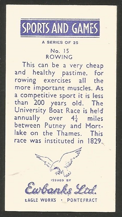 CC GBR 1958 EWBANKS Ltd Confectionary Sports and Games No. 15 Rowing Single sculler incorrect drawing reverse