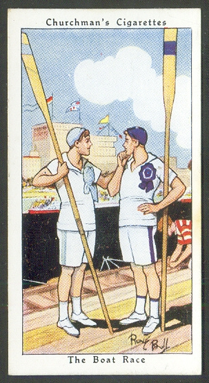 CC GBR Churchman's Cigarettes Howlers No. 33 The Boat Race (Drawing of two rowers frpm Oxford and cambridge with their oars talking on pontoon)