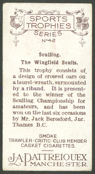 cc gbr 1926 quality cigarettes j.a. pattreiouex sports trophies serie 5 no. 42 - the wingfield sculls - reverse