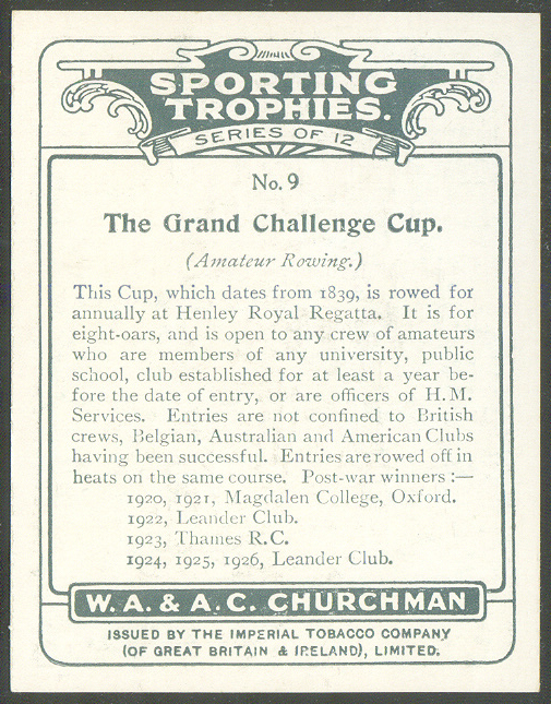 cc gbr 1927 churchmans cigarettes sporting trophies no. 9 the grand challenge cup - reverse