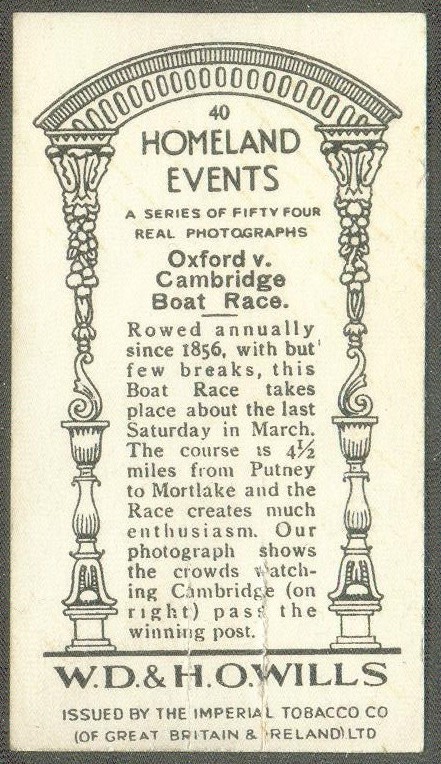 cc gbr 1932 wills tobacco homeland events no. 40 oxford v. cambridge boat race 1931 cambridge passing the winning post - reverse