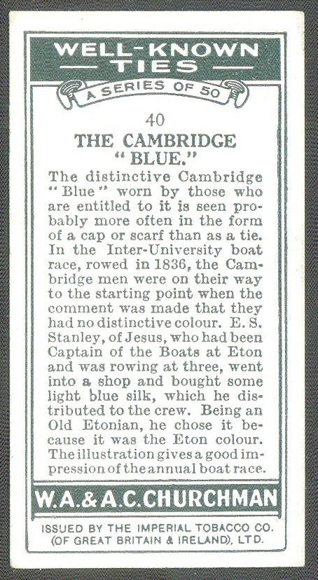 cc gbr 1934 churchmans cigarettes well-known ties no. 40 - the cambridge blue photo of boat race  lightblue tie - reverse