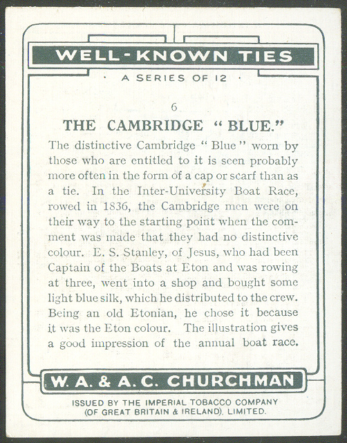 cc gbr 1934 churchmans cigarettes well-known ties no. 6 - the cambridge blue photo of boat race  lightblue tie - reverse