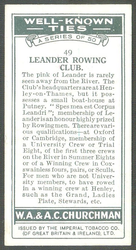 cc gbr 1934 churchmans cigarettes well known ties no. 49 leander rowing club - 8 race at henley and red tie - reverse