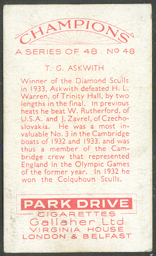 cc gbr 1934 gallaher ltd champions no. 48 t. g. askwith winner of the diamond sculls 1933 - reverse