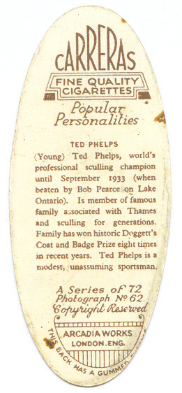 cc gbr 1935 carreras cigarettes popular personalities no. 62 ted phelps worlds professional sculling champion till 1933 - reverse
