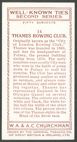 cc gbr 1935 churchmans cigarettes well known ties - second series no. 14 thames rowing club - 8 at the head of the river race reverse