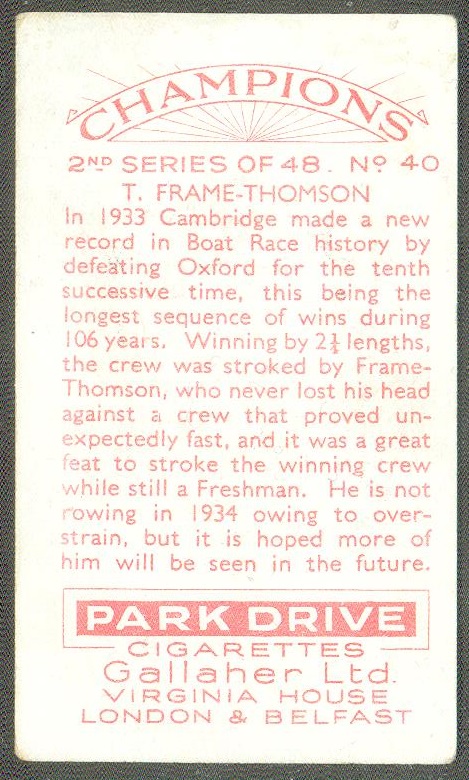 cc gbr 1935 gallaher ltd champions 2nd series no. 40 t. frame-thomson cambridge - reverse