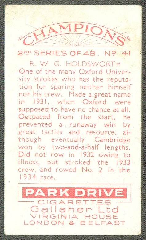 cc gbr 1935 gallaher ltd champions 2nd series no. 41 r.w.g. holdsworth oxford - reverse