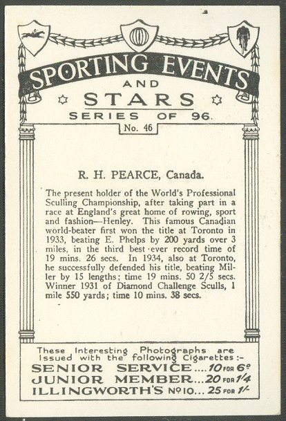 cc gbr 1935 senior service cigarettes sporting events and stars no. 46 r. h. pearce can sculling champion of the world - reverse