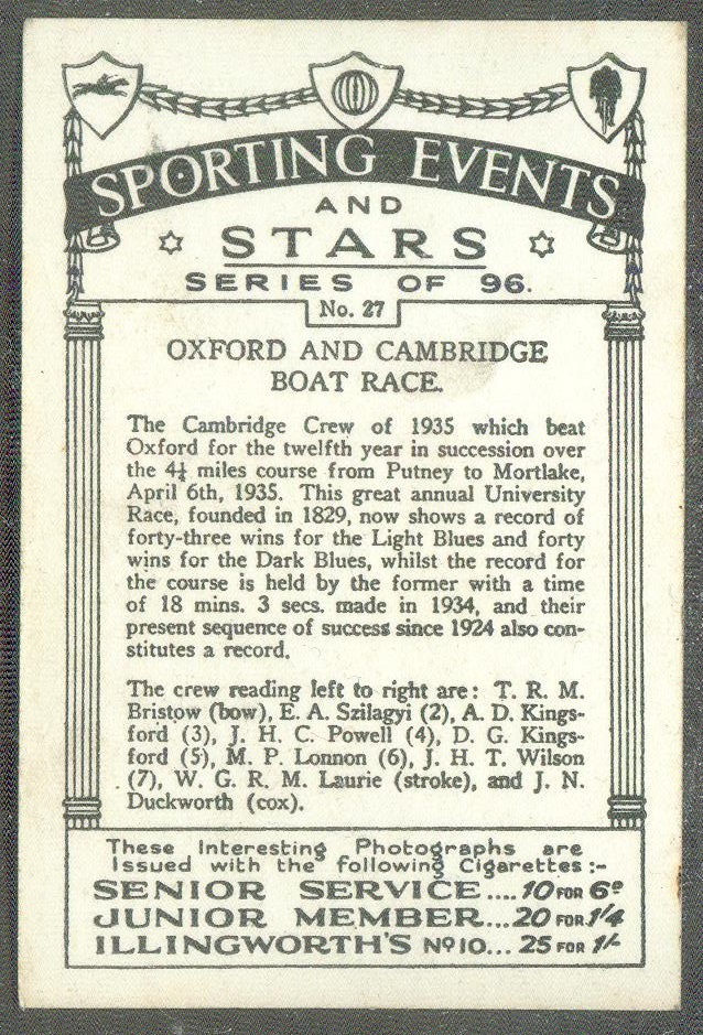 cc gbr 1935 senior service sporting events and stars no. 27 boat race cambridge crew winner - reverse