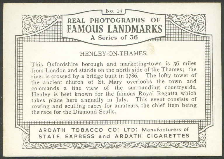 cc gbr 1939 ardath tobacco real photographs of famous landmarks no. 14 - henley-on thames - reverse