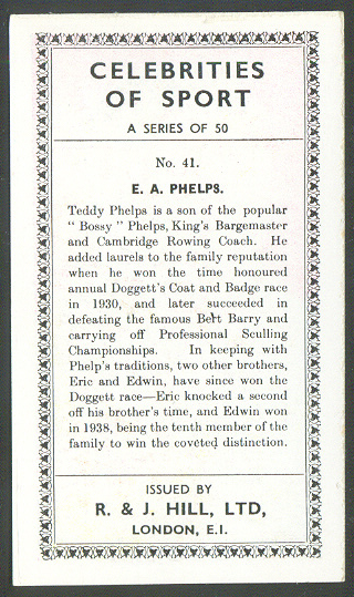 cc gbr 1939 r. j. hill celebrities of sport no. 41 e. a. phelps reverse