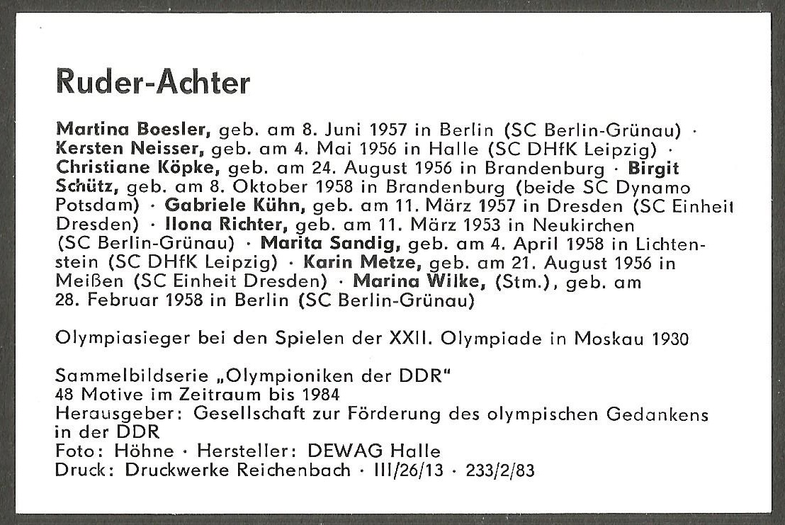 CC GDR 1983 Olympioniken der DDR W8 GDR gold medal winner crew OG Moscow 1980 reverse