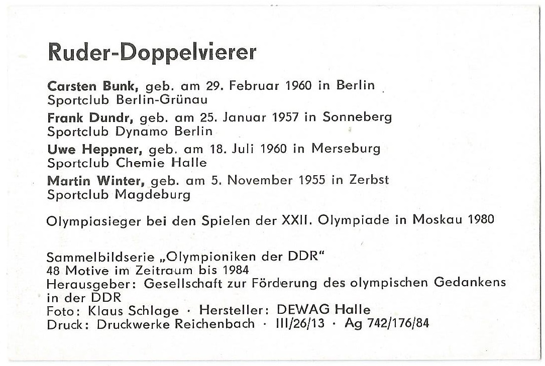 CC GDR 1984 Olympioniken der DDR M4X gold medal winners OG Moscow 1980 reverse