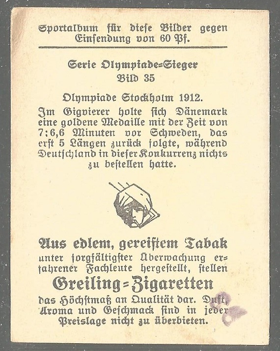 CC GER 1912 GREILING ZIGARETTEN Olympiade Sieger No. 35 OG Stockholm Gig4 gold medal winner crew DEN reverse
