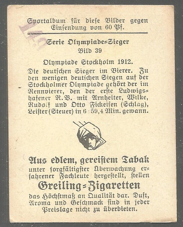 CC GER 1912 GREILING ZIGARETTEN Olympiade Sieger No. 39 OG Stockholm M4 gold medal winner crew GER reverse