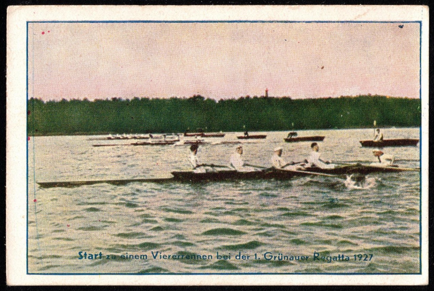 CC GER 1928 GREILING ZIGARETTEN Wassersport No. 4 M4 crews just after their start at regatta Berlin Gruenau 1927