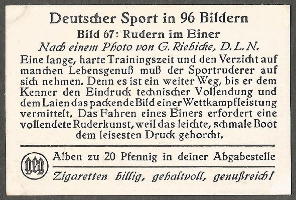 CC GER 1930 GEG Cigarettes German Sport in 96 pictures No. 67 Sculling in a single sculls reverse