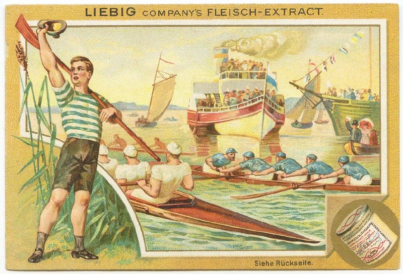 cc ger 1896 liebig s 494 three 4 racing rower waving his cap 