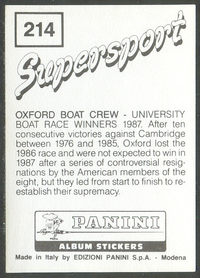 cc ita 1987 panini supersport no. 214 oxford boat crew university boat race winners 1987 reverse